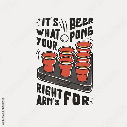 Beer pong game. T-shirt print with beer cups and flying ball for design competition or tournament in bar. Alcohol sport with throw and drink. College challenge with booze