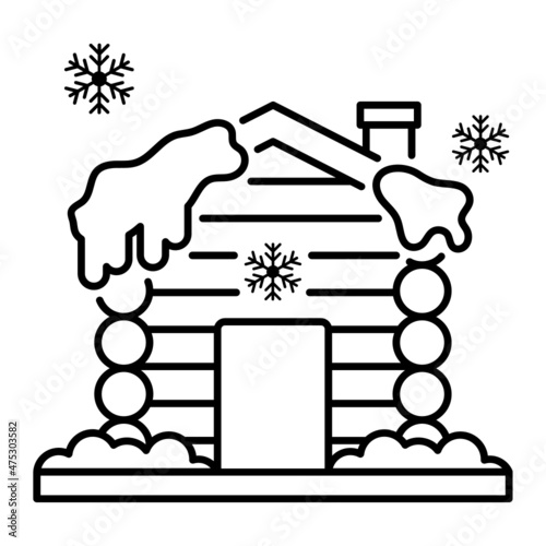 Log Cabin in the Snow Concept, Wooden Cottage Vector Line Icon Design, Winter Season activities Symbol, Coldest Weather Sign, Snow and frost Stock Illustration