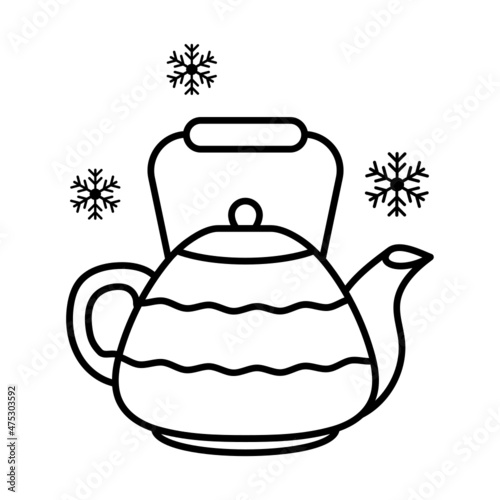 Clay Teapot Concept, Retro Team Maker Kettle Vector Line Icon Design, Winter Season activities Symbol, Coldest Weather Sign, Snow and frost Stock Illustration