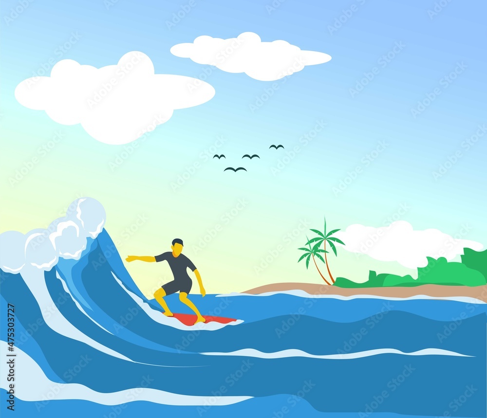 Man surfing in the sea with clear sky view vector illustration. Summer surf activities vector design
