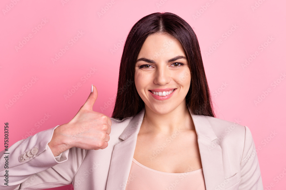 Photo of young pretty lady show thumb-up advert promo approve ideal isolated over pastel color background Photo of young pretty lady show thumb-up advert promo approve ideal isolated over pastel color background