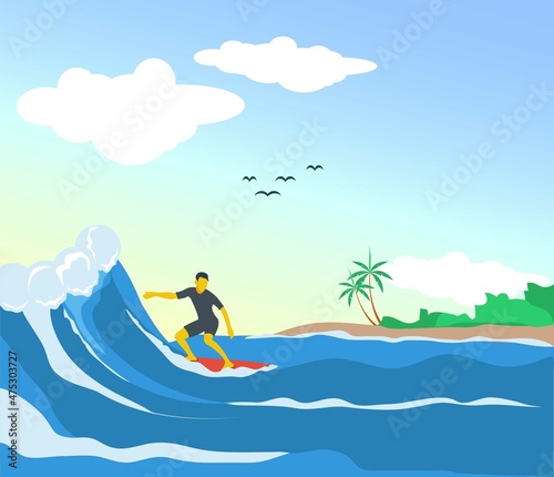 Man surfing in the sea with clear sky view vector illustration. Summer surf activities vector design