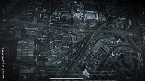 Navigation software is investigating the territory using the drone camera. Navigation software is searching for the target using a drone. Navigation software finding the criminals using a drone.