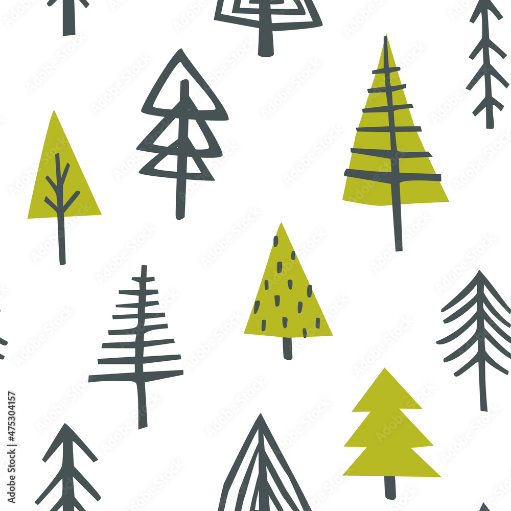 Abstract fir trees scandinavian doodle pattern. Stylized christmas tree seamless vector print for fabric, textile, wrapping paper, apparel, nursery. Abstract fir trees scandinavian doodle pattern. Stylized christmas tree seamless vector print for fabric, textile, wrapping paper, apparel, nursery.