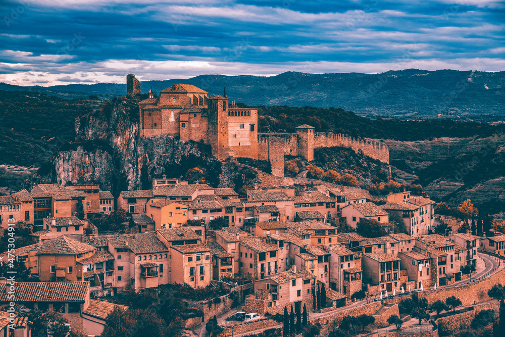 View of the typical spanish medieval village of Alquezar above Vera river in Aragon region, Huesca, Spain