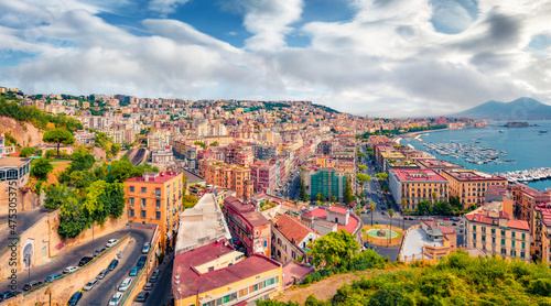 Spectacular summer cityscape of Naples, Italy, Europe. Aerial seascape of Mediterranean seascape. Traveling concept background.