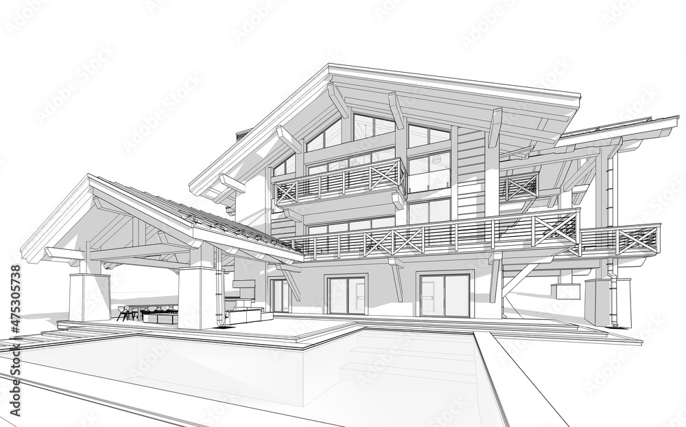3d rendering of modern cozy chalet with pool and parking for sale or rent. Massive timber beams columns. Black line sketch with soft light shadows on white background. 3d rendering of modern cozy chalet with pool and parking for sale or rent. Massive timber beams columns. Black line sketch with soft light shadows on white background.