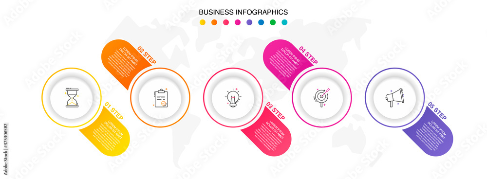 Business vector infographics with five circles and labels. Timeline visualization with 5 steps for diagram, flowchart, banner, presentations, web, content, levels, chart, graphic Business vector infographics with five circles and labels. Timeline visualization with 5 steps for diagram, flowchart, banner, presentations, web, content, levels, chart, graphic