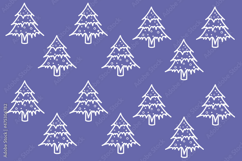 Raster illustrations of Christmas and New Year, winter trees on the trendy color of the year Very Peri. patterns for fabric, wrapping paper or postcards, for printing on tablecloths. place for text.

