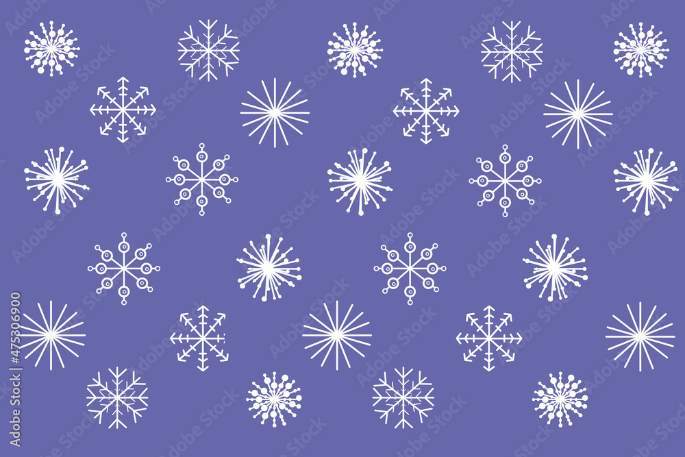 Растровые иллюстрации Рождества и Нового года, зимние снежинки белые на  модном цвете года Very Peri. выкройки для ткани, оберточной бумаги или открыток, для печати на скатертях. место для текста.