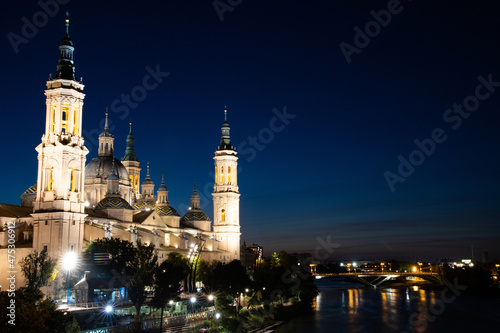 Basilica Del Pilar in Zaragoza in night illumination, Spain