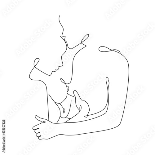 Vector illustration of family portret in one line art style. Lineart mother, father holding a new born baby