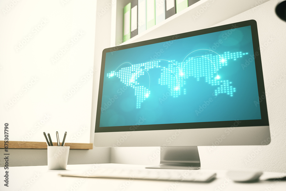 Abstract creative world map with connections on modern laptop screen, international trading concept. 3D Rendering Abstract creative world map with connections on modern laptop screen, international trading concept. 3D Rendering