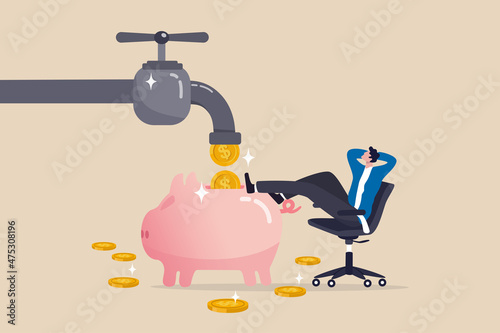 Passive income to reach financial freedom, earning money while you sleep or wealth increase without salary concept, relax businessman sit on the chair to see money faucet flow into savings piggybank.