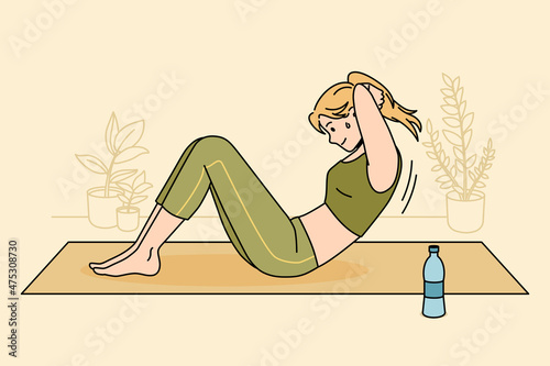 Active healthy lifestyle sport concept. Smiling sweating girl making sports exercise training at home on fitness mat for strong abs press vector illustration 