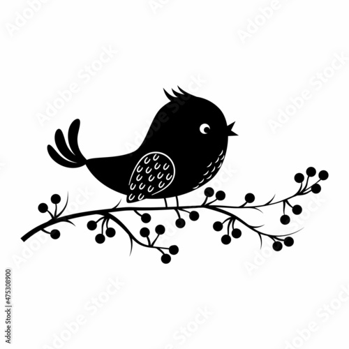 Bird sitting on a branch with a berry, black silhouette, isolated illustration