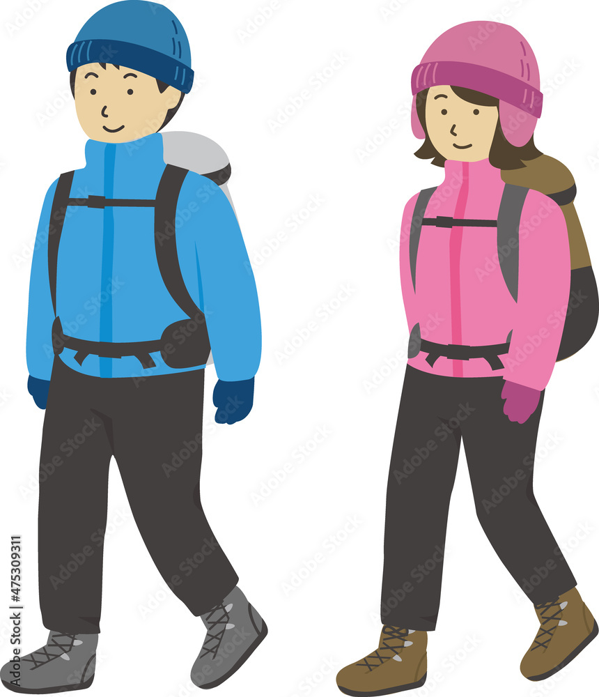 リュックを背負って歩く登山男女ペアセット(冬)1 リュックを背負って歩く登山男女ペアセット(冬)1