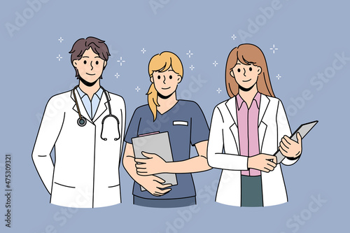 Healthcare medicine and doctors concept. Group of young smiling doctors with stethoscope and nurse standing with documents and looking at camera as team vector illustration 