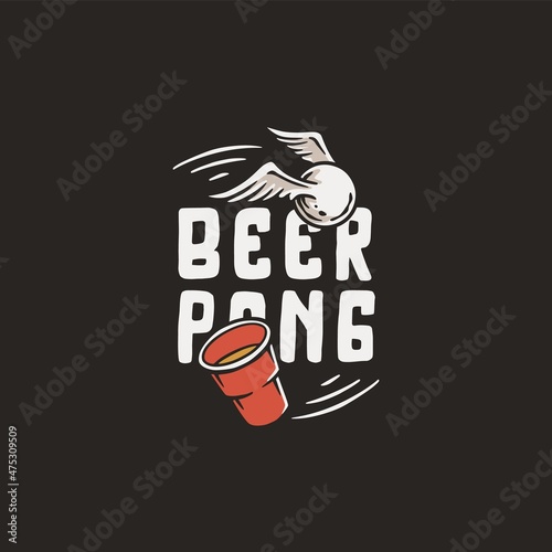 Beer pong game. T-shirt print with beer cup and flying ball with wings. Alcohol sport with throw and drink. College challenge with booze