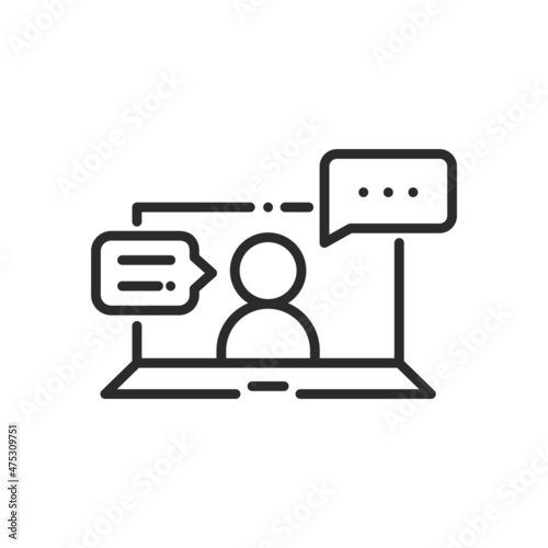 Laptop with human and messages. Work chat, online communication. Video conference and online meeting concept. Distance work and learning. Vector illustration. Laptop, computer, chatting, conferencing
