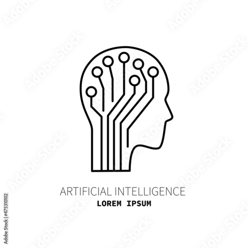 Artificial intelligence and machine learning line icon. Head and cpu. Simple thin outline pictogram. AI concept. Innovative robotic technology element. Cpu,cloud. Editable stroke vector illustration