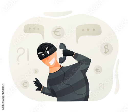 Vector cartoon isolated illustration calling male scammer wearing balaclava. Online or phone fraud, cybercrime concept.