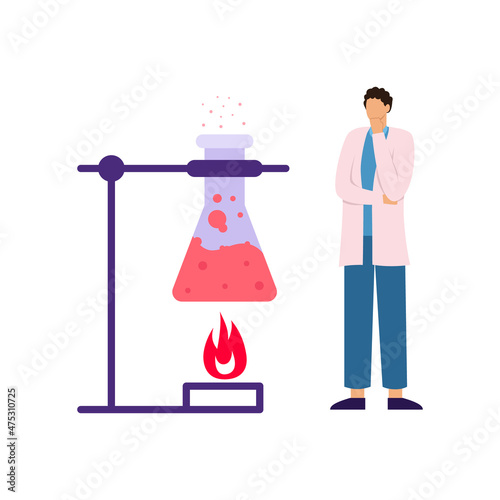 Man scientist observing a chemical reaction. Test tube is heated over fire. Science lab people concept. Chemistry, biology, medical laboratory research character. Isolated vector stock illustration