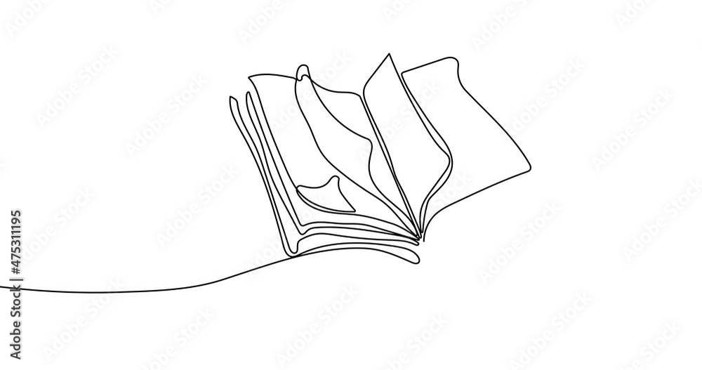 Animated continuous line drawing of open book with flying pages. Education and back to school concept