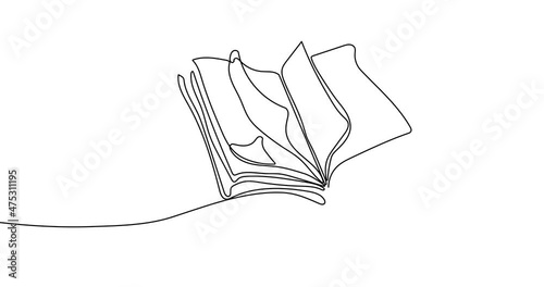 Animated continuous line drawing of open book with flying pages. Education and back to school concept