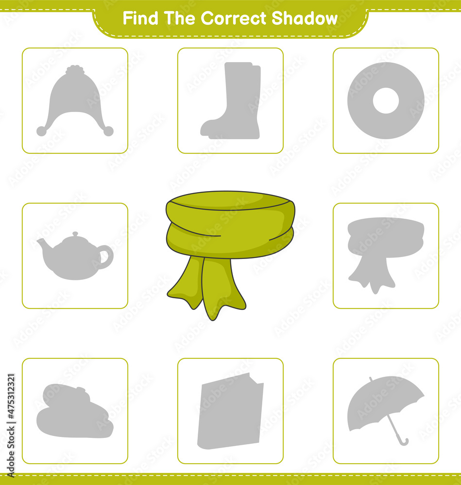 Find the correct shadow. Find and match the correct shadow of Scarf. Educational children game, printable worksheet, vector illustration