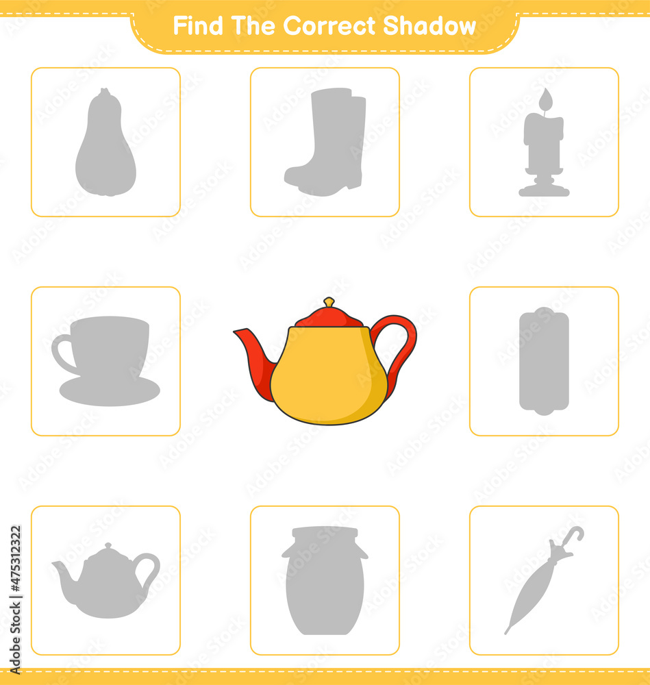 Find the correct shadow. Find and match the correct shadow of Teapot. Educational children game, printable worksheet, vector illustration