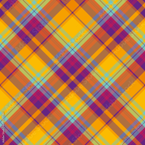 Seamless pattern in glorious bright yellow, orange, violet, pink and blue colors for plaid, fabric, textile, clothes, tablecloth and other things. Vector image. 2