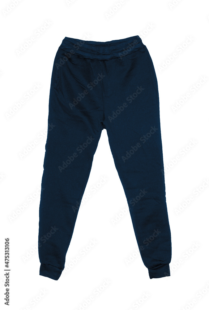 Blank training jogger pants color navy on invisible mannequin template front view on white background
Blank training jogger pants color navy on invisible mannequin template front view on white background