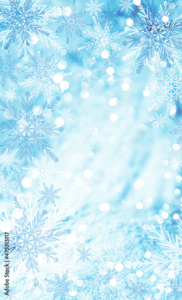 New Year's Christmas background with snowflakes, bokeh.  Blank template for a Christmas card
