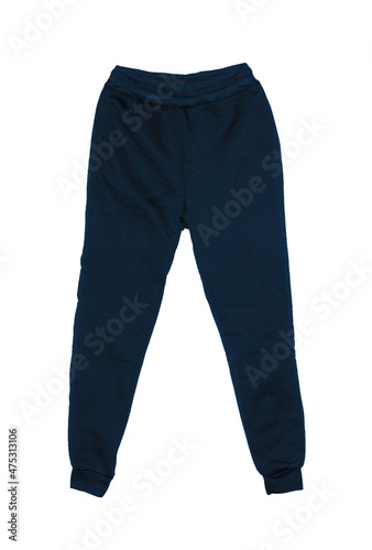 Blank training jogger pants color navy on invisible mannequin template front view on white background 