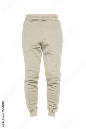 Blank training jogger pants color sand on invisible mannequin template front view on white background 