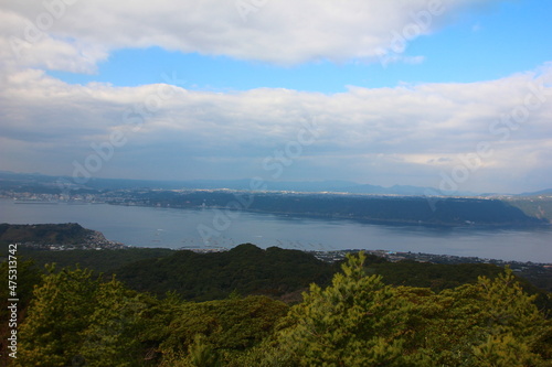桜島の風景。湯之平展望所からの景色。手前から大正溶岩原、錦江湾、鹿児島市街