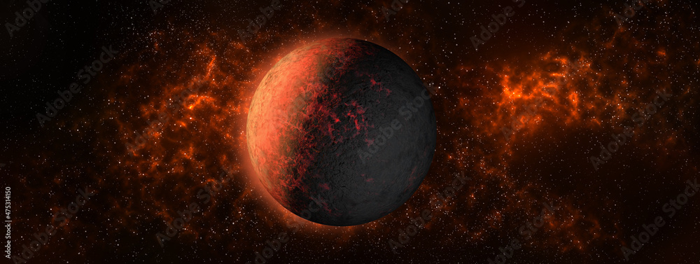 Mras planet on space star.red nebula background.Earth-like planet, Earth-type planet, exo-planet in outer space, alien planet in far space 3d illustration.Elements of this image furnished by NASA. - obrazy, fototapety, plakaty 