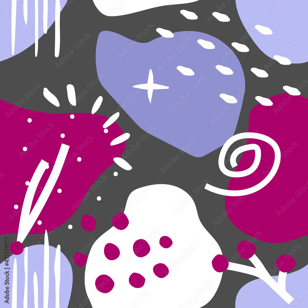 Vector seamless pattern with flat minimalistic abstract elements. Concept with hand drawn Winter objects (spruce needle, berries, star) on grey background Vector seamless pattern with flat minimalistic abstract elements. Concept with hand drawn Winter objects (spruce needle, berries, star) on grey background
