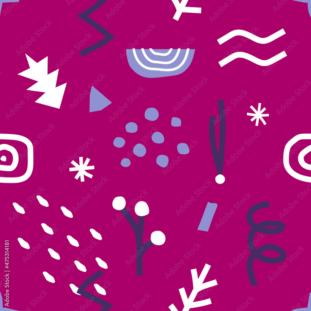 Vector seamless pattern with flat abstract hand drawn elements. Concept with minimalistic Winter objects (spruce needle, branches with berries, snowflakes) on pink background