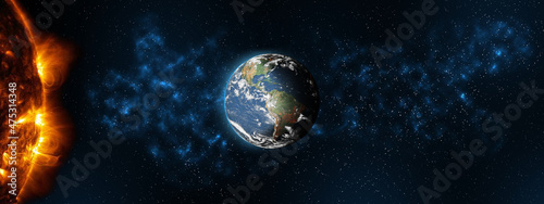 Photography Sun star and planet earth in space front view