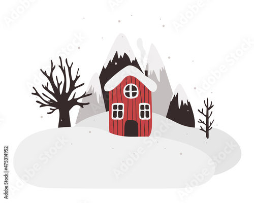 Vector illustration with a red house in the mountains with trees  snow in a minimalist style. Hand drawn winter illustration in scandinavian style for children. For textiles  postcards  children s
