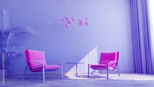 3d render of violet room with two pink chairs