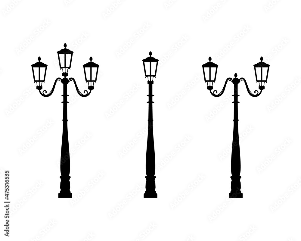 Set of street lights silhouettes. Black and white illustration, white isolated background. Set of street lights silhouettes. Black and white illustration, white isolated background.