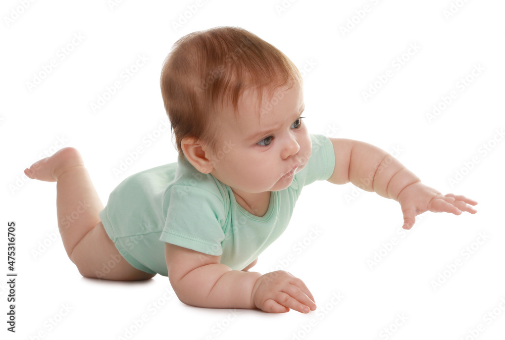 Cute little baby crawling on white background Cute little baby crawling on white background
