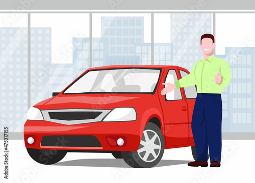 Car showroom. Seller man shows a car to a customer and thumb up sign. City landscape in the background. Buying, selling or renting a car. Vector illustration in flat style © Маруся Палкина