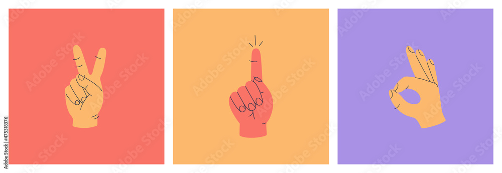 Set of hands showing fingers various gestures, count, victory icon, sign okay and index finger up. Hand drawn vector illustration isolated on colorful background. Modern trendy flat cartoon style.