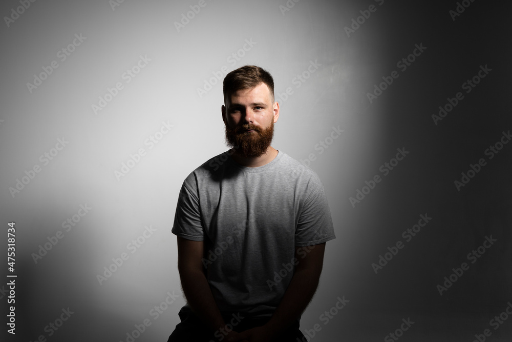 Close-up portrait of a handsome a brunette brutal bearded man in a grey t-shirt. Stylish and handsome man with a beard. Close-up portrait of a handsome a brunette brutal bearded man in a grey t-shirt. Stylish and handsome man with a beard.