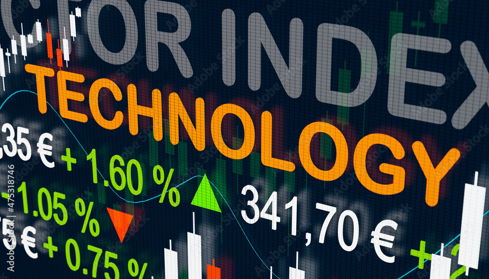 Stock Market Technology Index. Trading screen with a sector index for Technology, quotes, charts and changes. Stock exchange concept, 3D illustration.