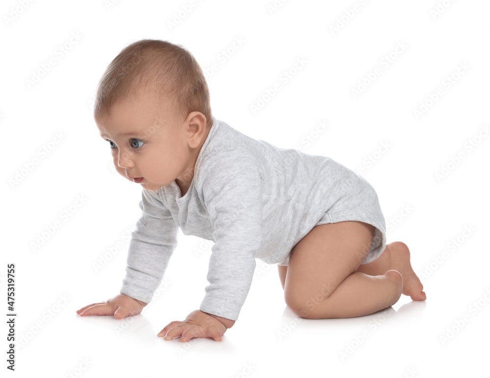 Cute little baby crawling on white background Cute little baby crawling on white background